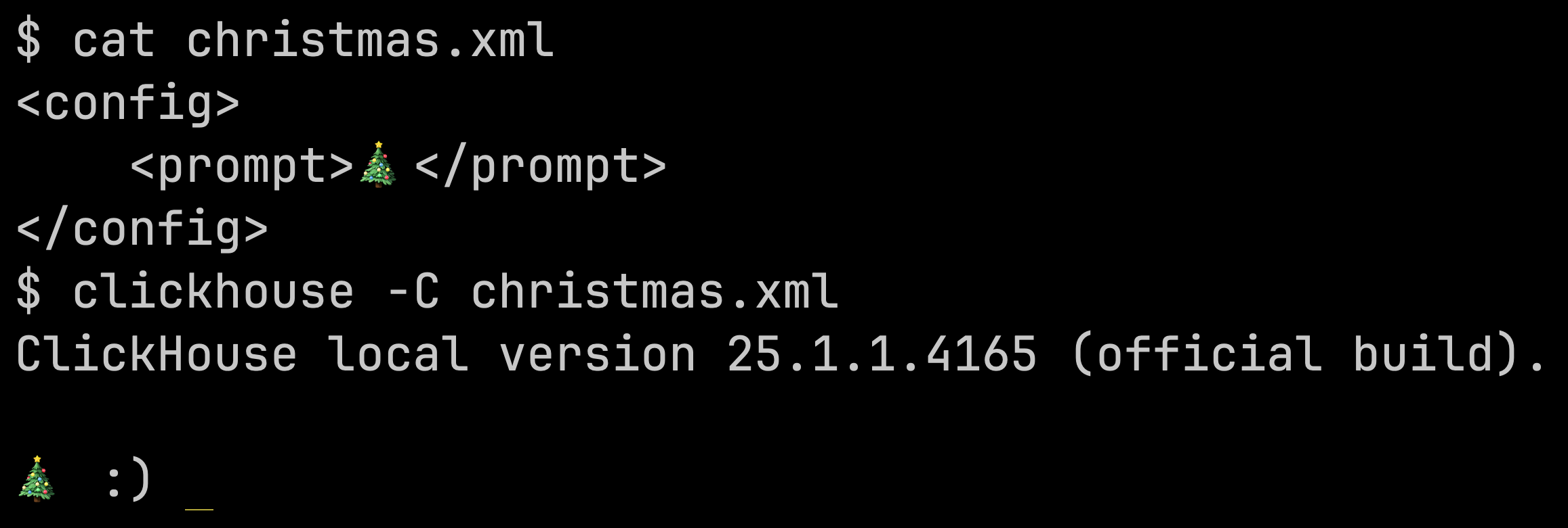 ClickHouse client prompt with Christmas tree emoji
