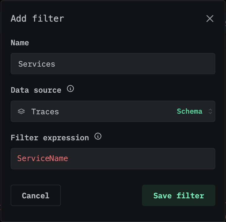 Name, Data source, Filter expression 필드가 있는 Add filter 대화상자