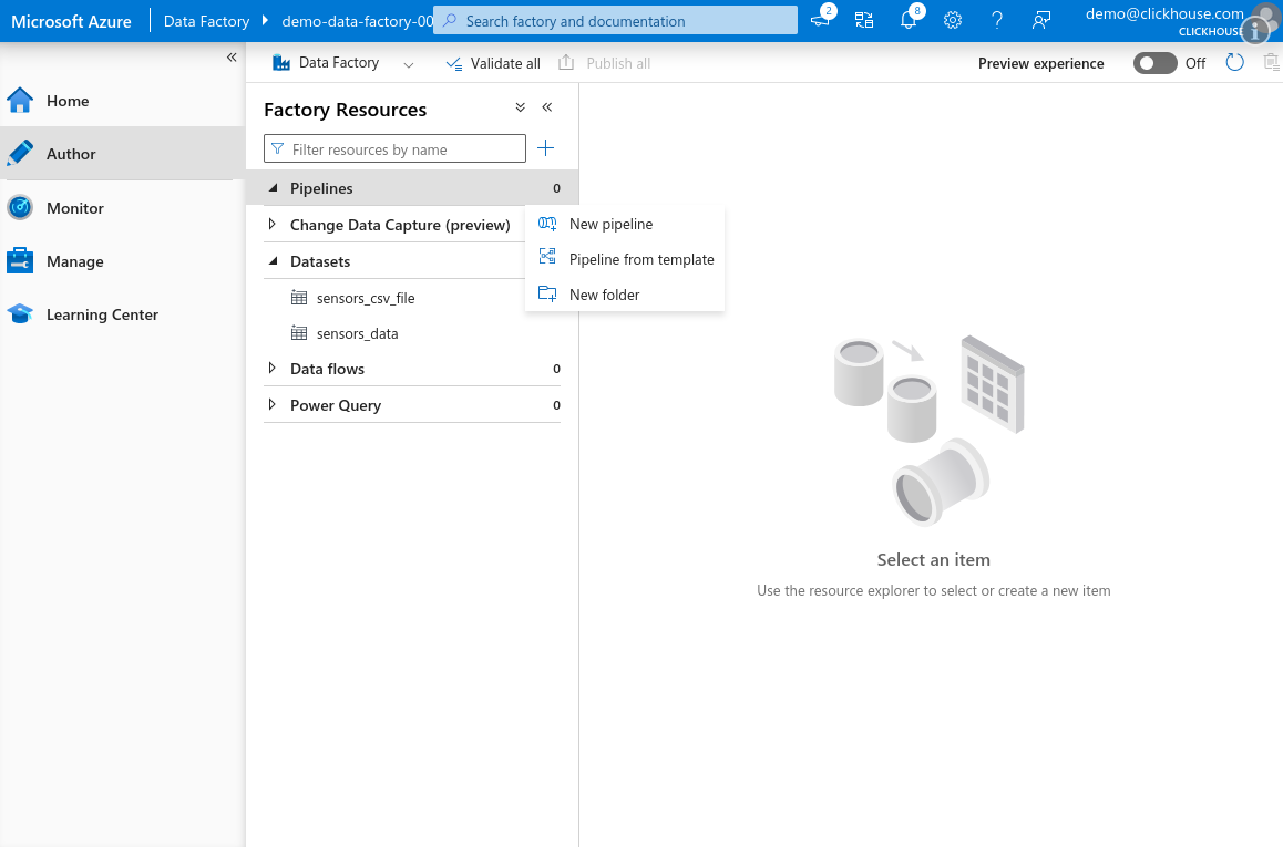 ADF 새 파이프라인 항목