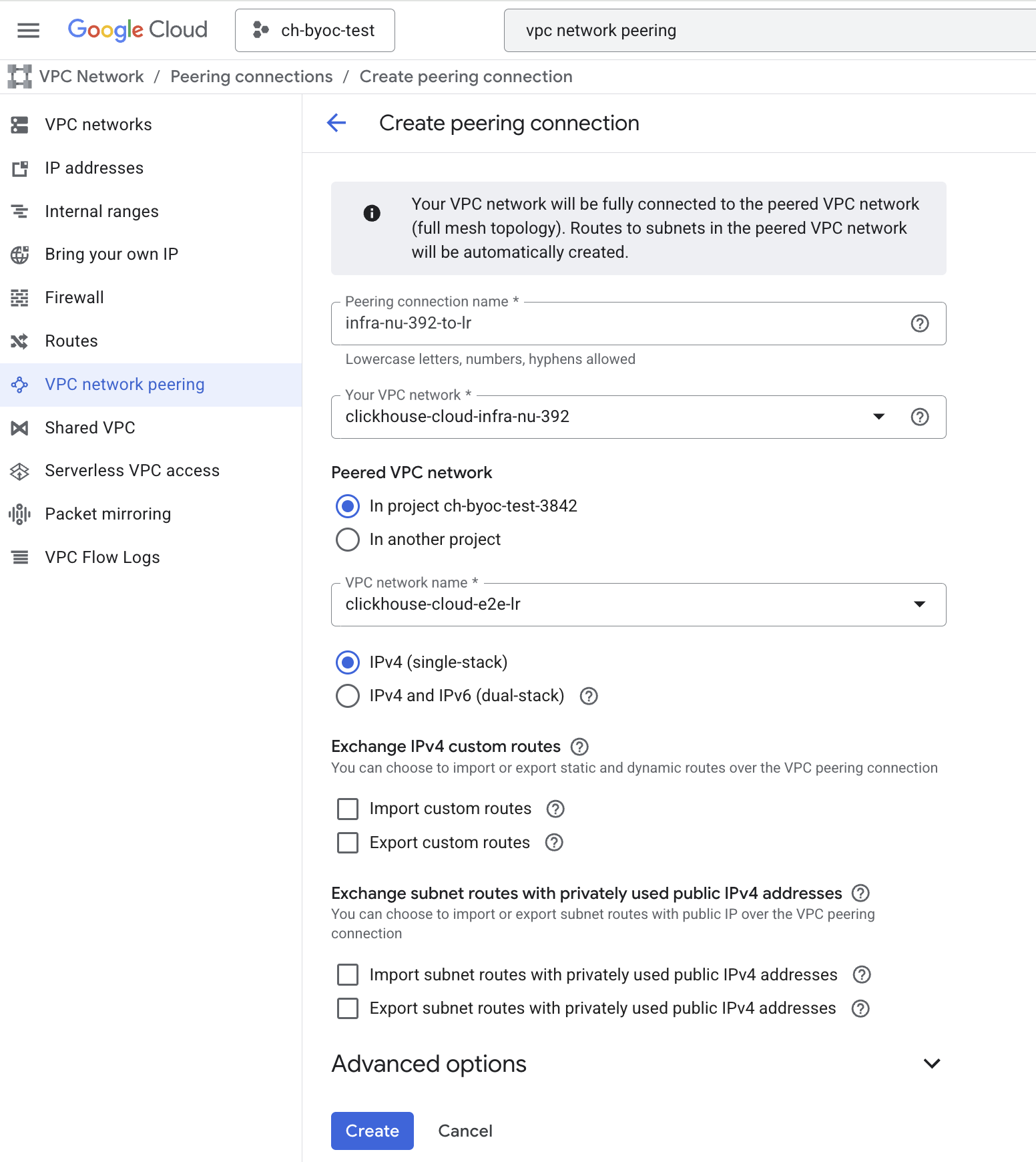 BYOC 피어링 연결 생성