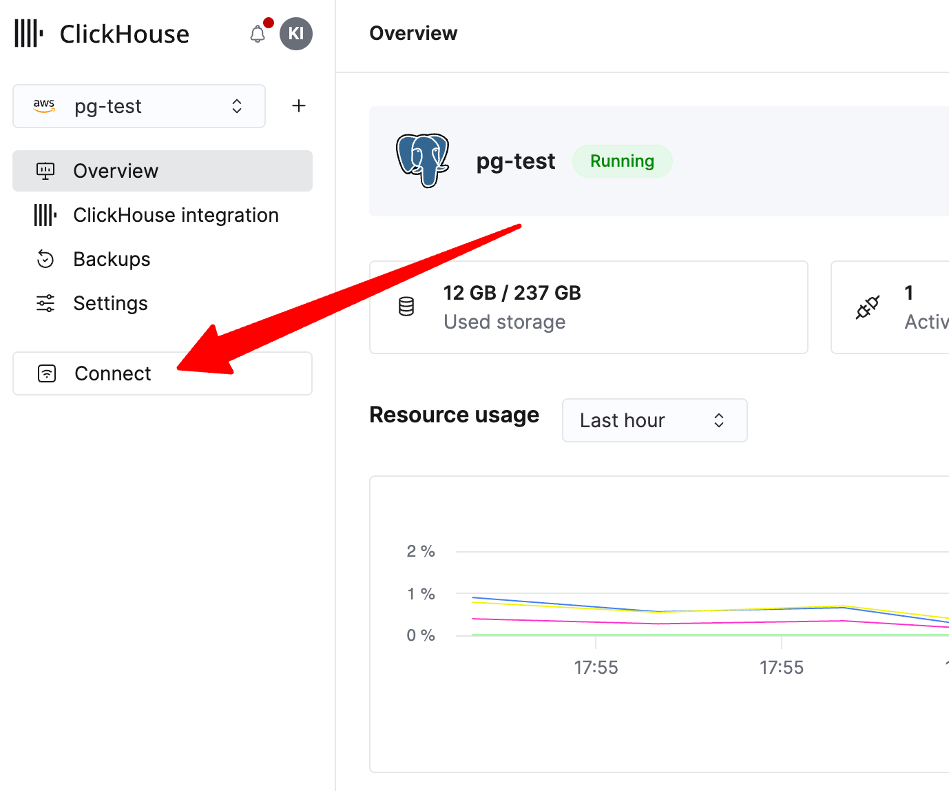 왼쪽 사이드바에서 Connect를 클릭하여 연결 정보를 확인
