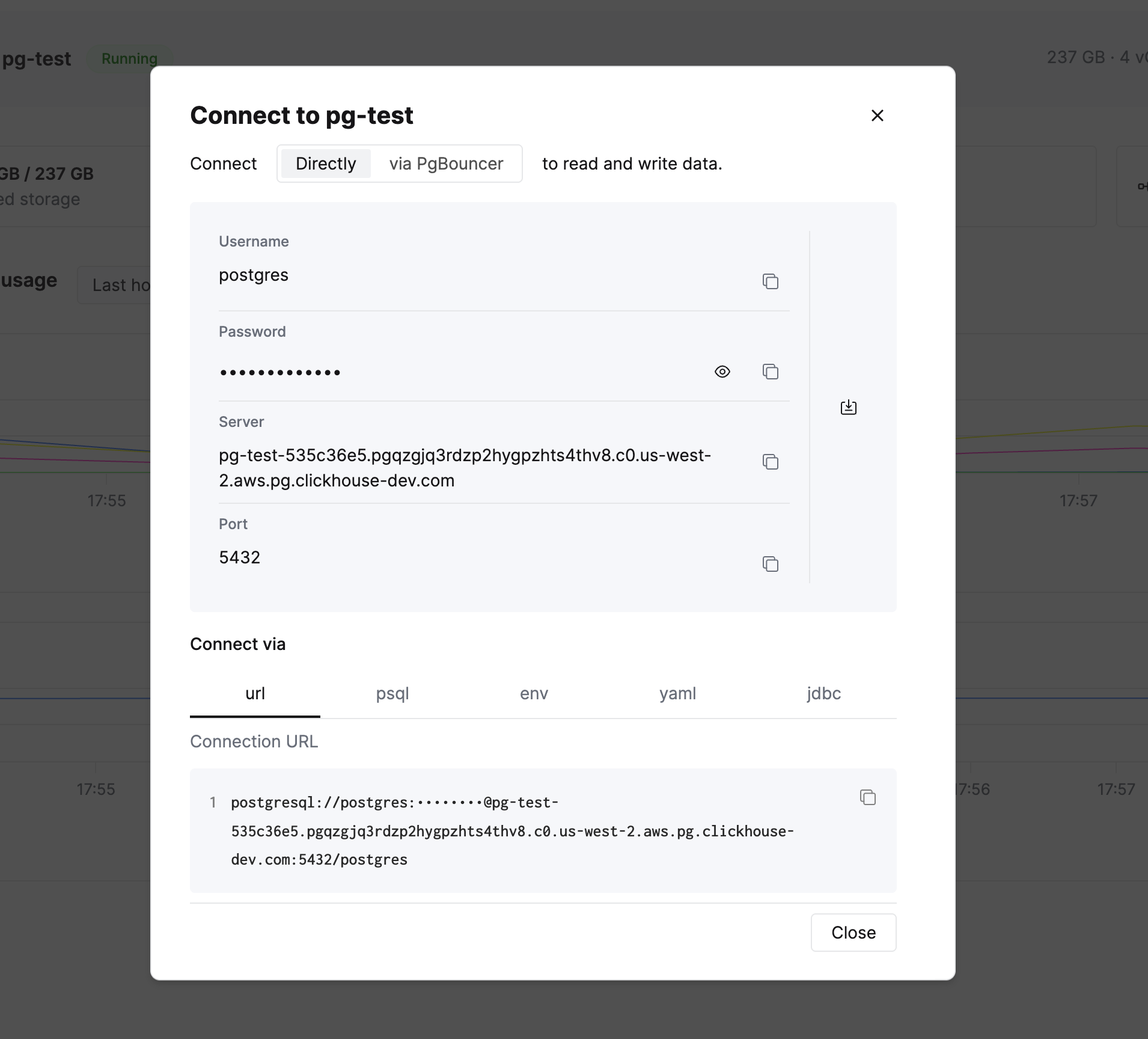 인증 정보와 연결 문자열 형식을 보여주는 연결 모달