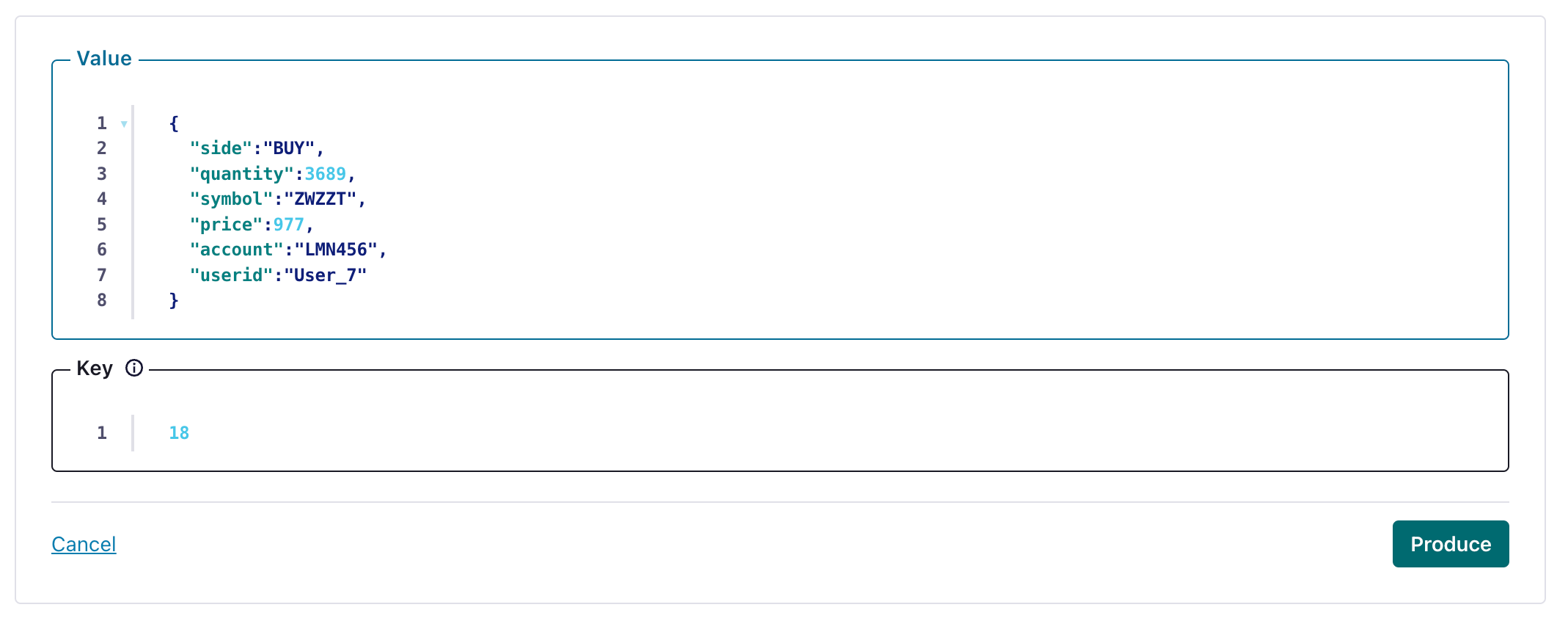 Kafka 토픽에 테스트 메시지를 생성하는 방법을 보여 주는 Confluent Cloud 인터페이스