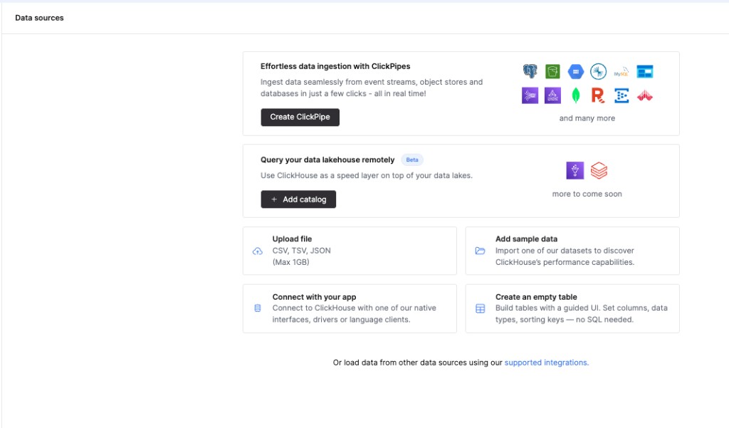 데이터 카탈로그 통합이 구성된 ClickHouse Cloud UI