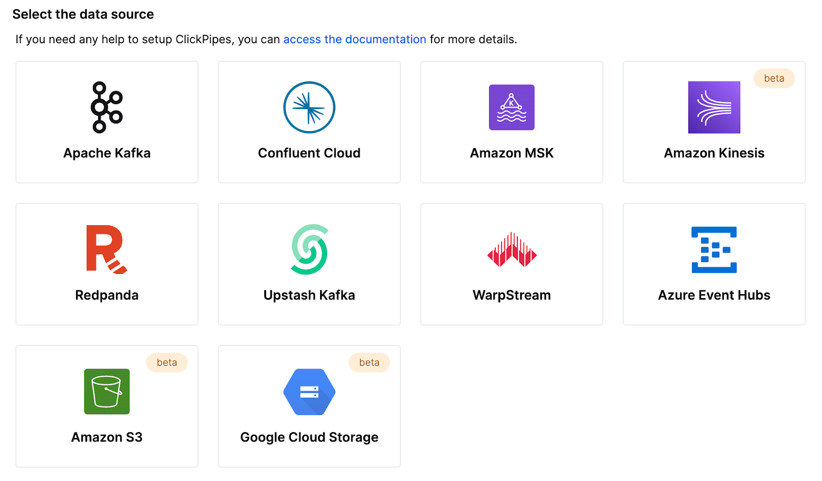 Amazon Kinesis 통합 구성 옵션이 표시된 ClickPipes 인터페이스