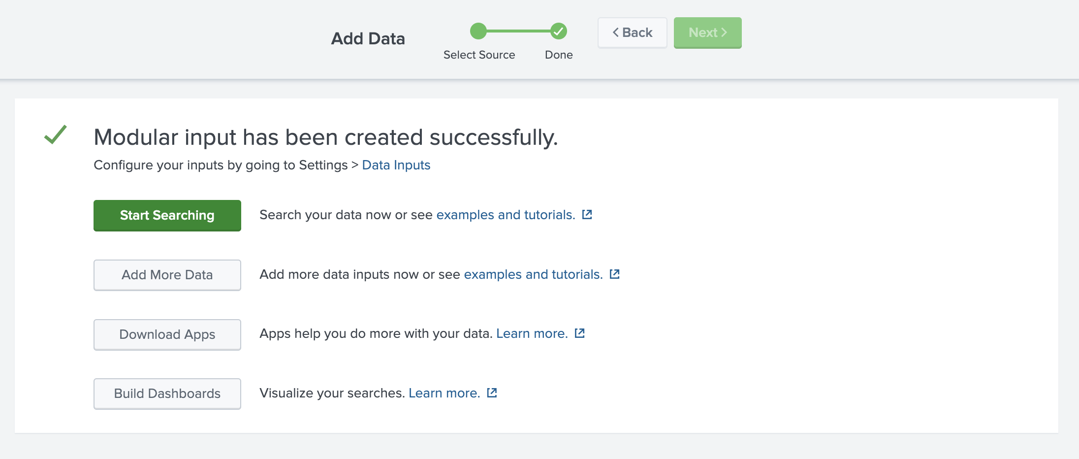 ClickHouse 데이터 입력 설정이 완료된 Splunk 구성 페이지