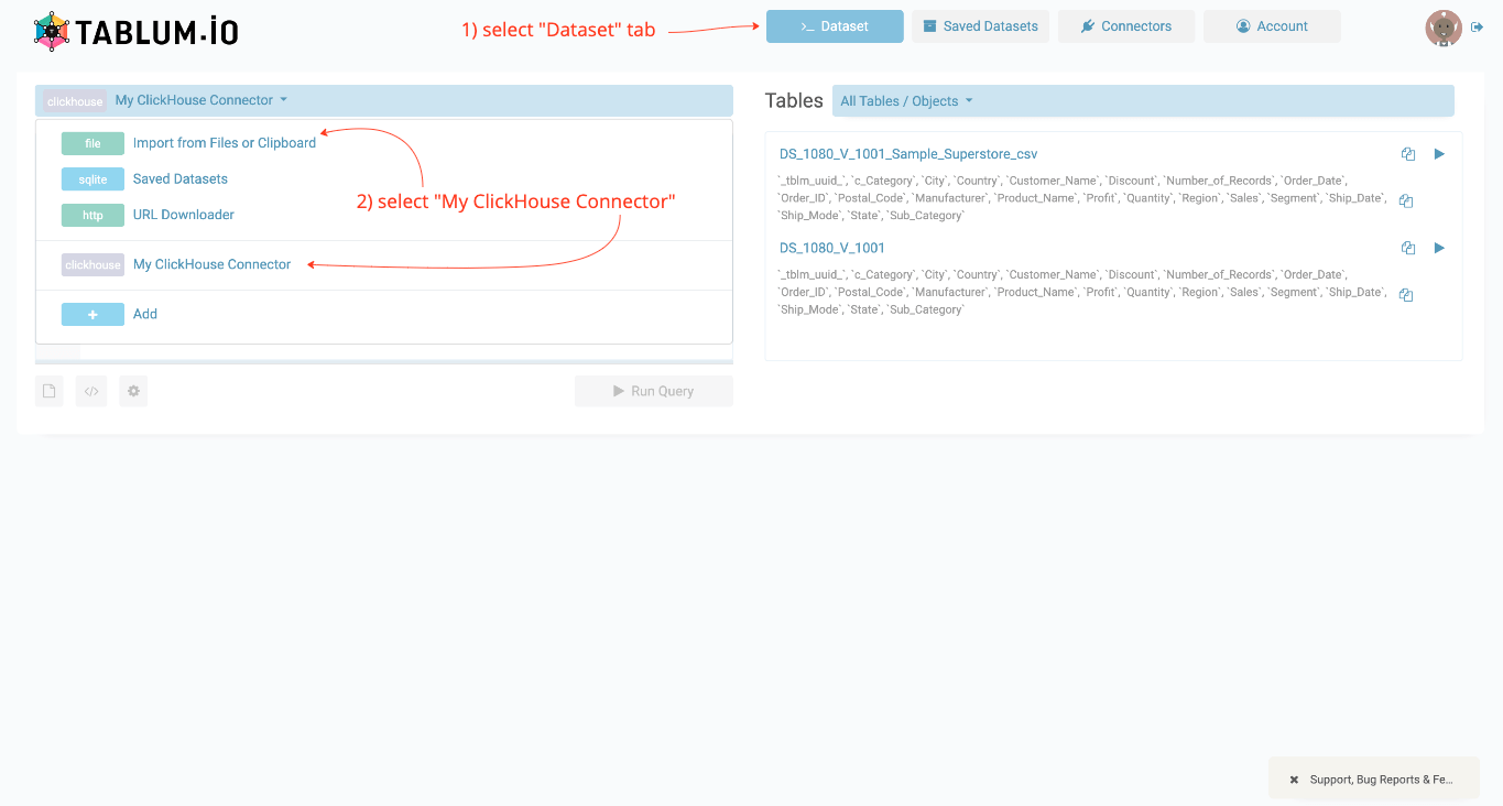TABLUM.IO에서 ClickHouse 커넥터를 선택하는 화면