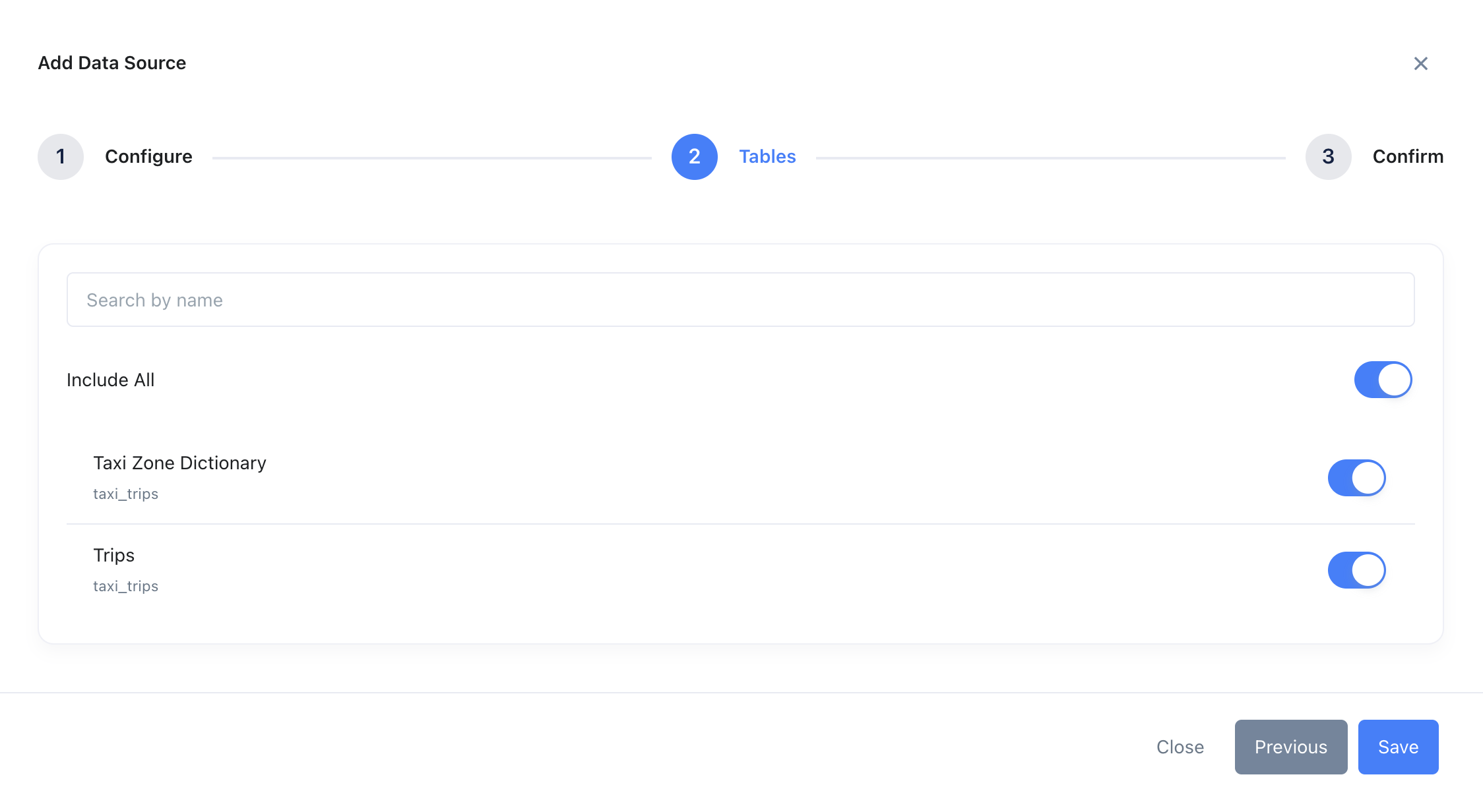체크박스와 함께 사용 가능한 ClickHouse 테이블이 표시된 Zing Data 테이블 선택 인터페이스